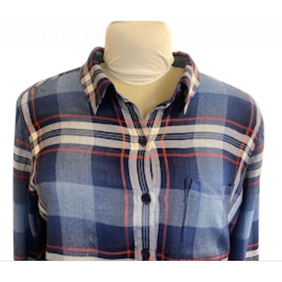 Dylan Plaid Button Front Blouse Fringe Hem Roll Up Sleeves Sz. L Packable - Picture 3 of 16